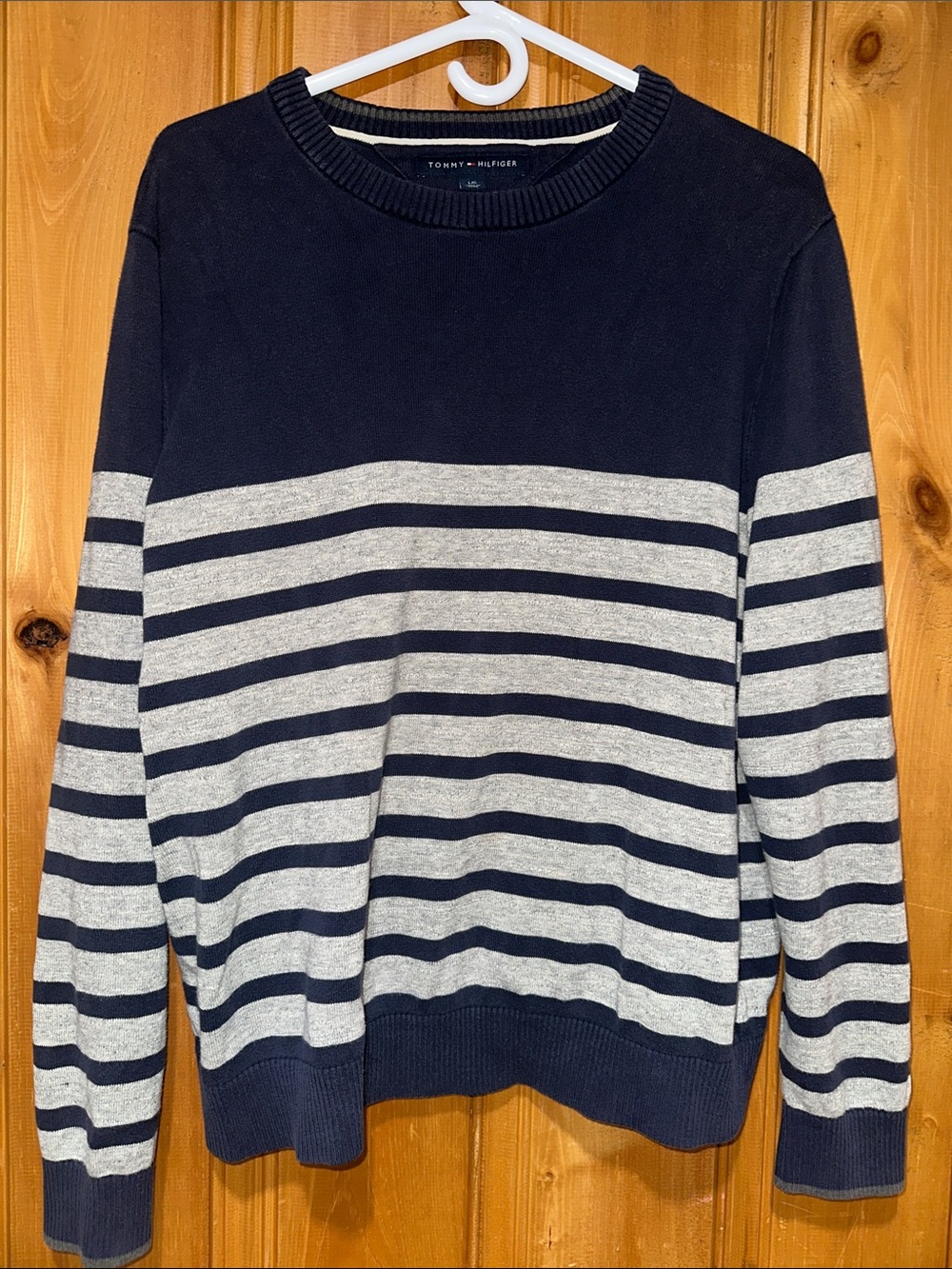 Tommy Hilfiger Men’s Navy and Light Gray Striped Crewneck Sweater